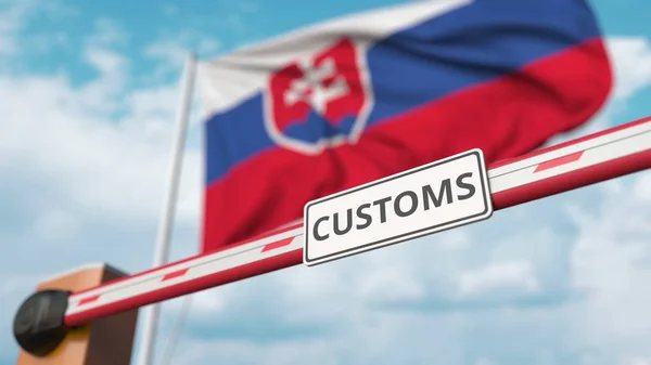 Chiusura barriera boom con segno DOGANALE contro la bandiera slovacca. Tariffe limitate di attraversamento delle frontiere o di protezione in Slovacchia. Rendering 3D — Foto Stock