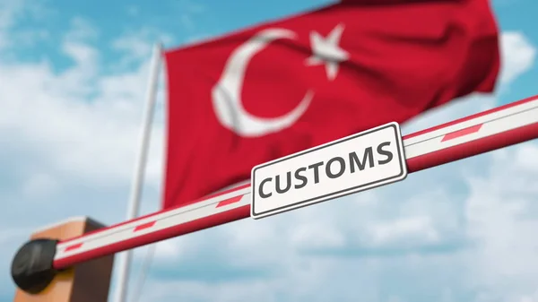 터키 국기 배경에 세관 표지판으로 붐 이 일었다. 터키에서는 국경을 넘거나 방역 관세를 제한 했다. 3D 렌더링 — 스톡 사진
