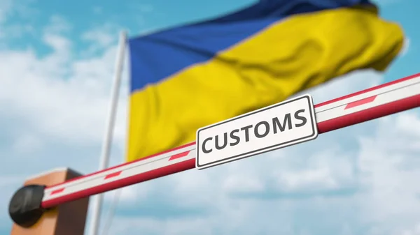 Барьерные ворота с табличкой CUSTOMS закрываются на заднем плане флагом Украины. Украинские ограничения на пересечение границы или защитные тарифы. 3D рендеринг — стоковое фото