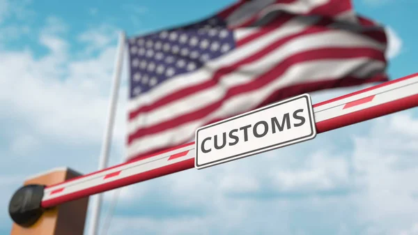 Closing boom barrier with CUSTOMS sign against the American flag. Border closure or protective tariffs in the USA. 3D rendering — Stock Photo, Image