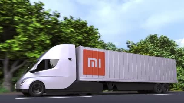 Електрична напівпричепна вантажівка з логотипом Xiaomi збоку. Editorial loopable 3d animation — стокове відео