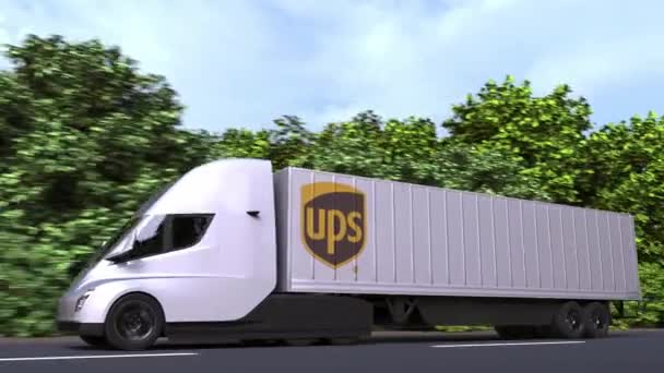 Caminhão semi-reboque elétrico com logotipo UPS na lateral. Editorial loopable animação 3D — Vídeo de Stock