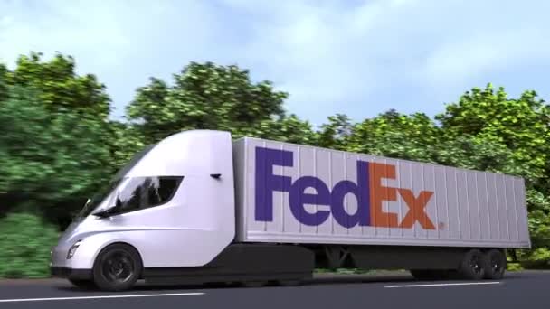 Caminhão semi-reboque elétrico com logotipo FEDEX na lateral. Editorial loopable animação 3D — Vídeo de Stock