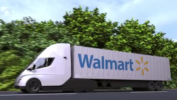 Elektrisk påhängsvagn lastbil med Walmart logotyp på sidan. Redaktionell loopable 3D-animation — Stockvideo