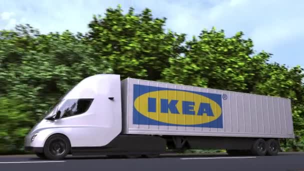 Elektrisk påhängsvagn lastbil med Ikea logotyp på sidan. Redaktionell loopable 3D-animation — Stockvideo