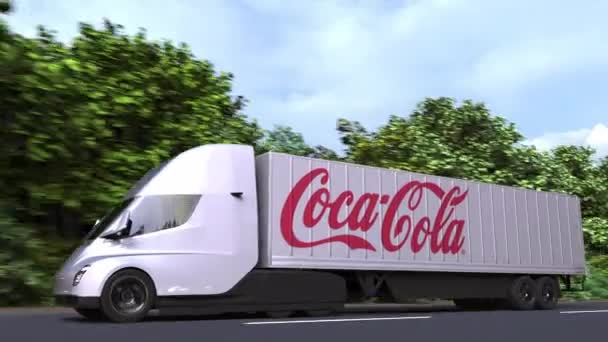 Elektrischer Sattelschlepper mit Coca-Cola-Logo an der Seite. Leitartikel loopable 3D-Animation — Stockvideo