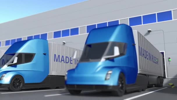 Camions semi-remorques modernes avec texte MADE IN RUSSIA en cours de chargement ou de déchargement en entrepôt. Entreprise russe liée à l'animation 3D bouclable — Video
