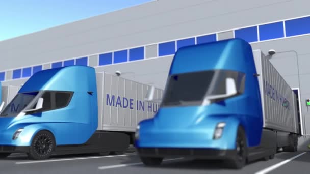 Modern semi-trailer trucks with MADE IN HUNGARY text being loaded or unloaded at warehouse. Hungarian business related loopable 3D animation — Stock Video