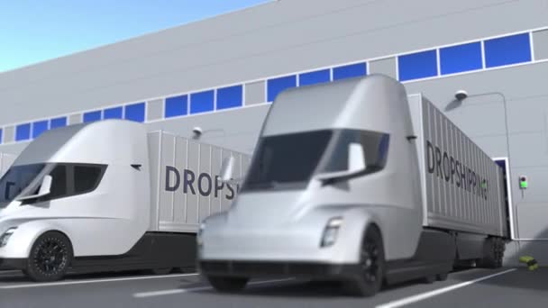 Camiones semirremolques modernos con texto DROPSHIPPING cargado o descargado en el almacén. Animación 3D Loopable — Vídeo de stock