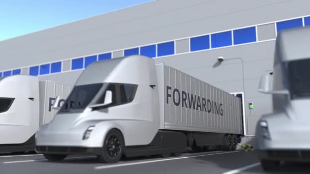 Trailer trucks met doorsturen tekst wordt geladen of gelost in het magazijn. Loopbare 3D-animatie — Stockvideo