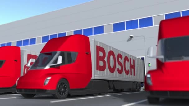 A Bosch emblémával ellátott pótkocsik berakodása vagy kirakodása a raktárban történik. Logisztikával kapcsolatos loopable 3D animáció — Stock videók