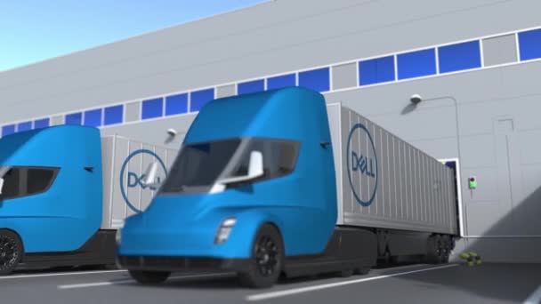 Camions remorques avec logo Dell en cours de chargement ou de déchargement à l'entrepôt. Logistique liée à boucle animation 3D — Video