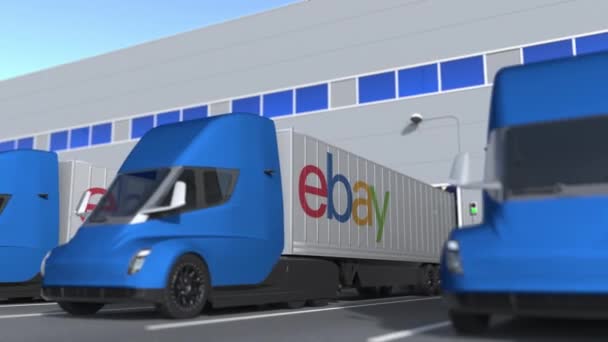 Nowoczesne przyczepy z logo ebay są ładowane lub rozładowywane w magazynie. Logistyka związane pętli animacji 3d — Wideo stockowe