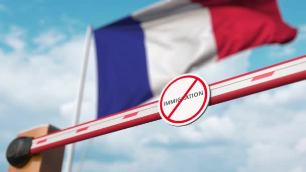 Barriereporten uten innvandringsskilt åpnes med Frankrikes flagg som bakgrunn. Fransk innvandringsgodkjenning – stockvideo