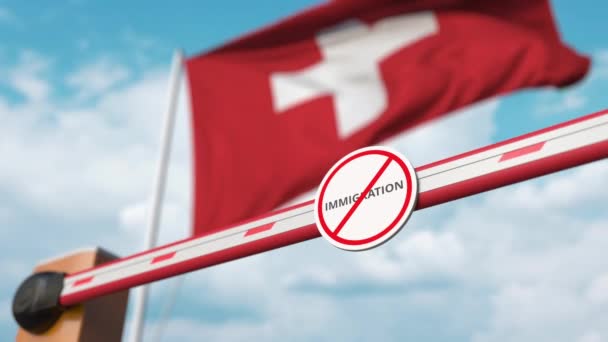 Åpning av bombesperre med stoppskilt mot sveitsisk flagg, innvandringssenter i Sveits – stockvideo