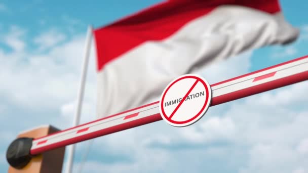 Apri il cancello del boom senza alcun segno di immigrazione sullo sfondo della bandiera indonesiana. Approvazione dell'immigrazione in Indonesia — Video Stock