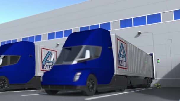 Depoda Aldi amblemi yüklü ya da boşaltılmış karavan kamyonları var. Lojistik bağlantılı 3d döngü canlandırması — Stok video