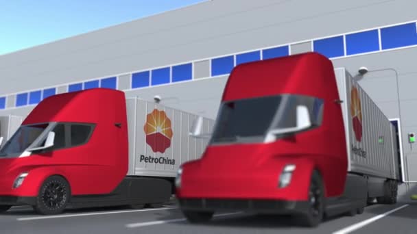 Сучасні причепні вантажівки з логотипом Petrochina завантажуються або розвантажуються на складі. Логістика пов'язана loopable 3d анімації — стокове відео
