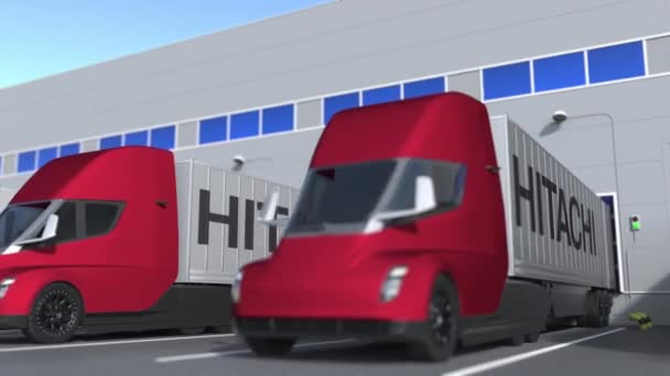 Släpvagnslastbilar med Hitachi-logotyp som lastas eller lossas på lagret. Logistikrelaterad loopable 3D-animering — Stockvideo