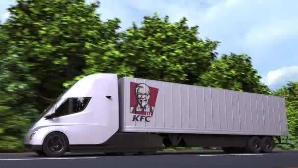 Электрический полуприцеп с логотипом KFC сбоку. Передвижная 3D-анимация — стоковое видео