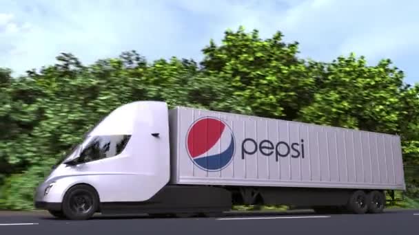Caminhão de reboque elétrico com logotipo PEPSI na lateral. Editorial loopable animação 3D — Vídeo de Stock