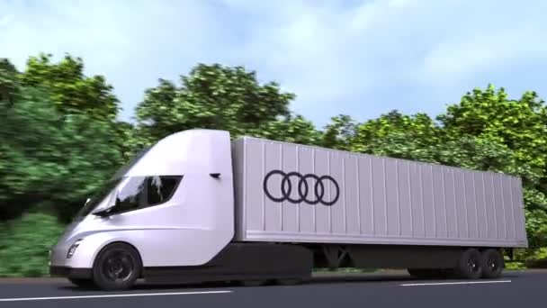 모던 일렉트릭 세미 트레일러 트럭 과 아우디 로고 가 옆에 있습니다. 편집 가능 한 3D 애니메이션 — 비디오