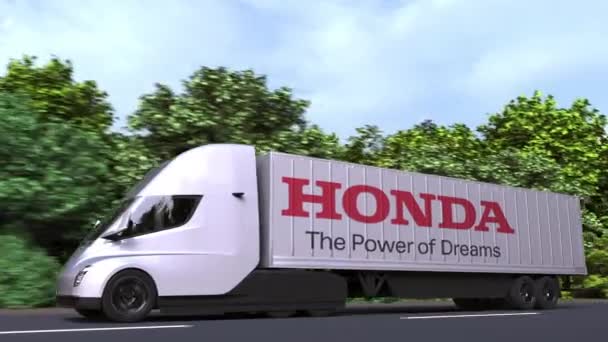 Caminhão semi-reboque elétrico com logotipo HONDA na lateral. Editorial loopable animação 3D — Vídeo de Stock