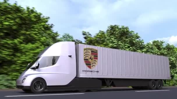 Ηλεκτρικό ημι-ρυμουλκούμενο φορτηγό με το λογότυπο της Porsche στο πλάι. Εκδοτικό κενό 3d animation — Αρχείο Βίντεο