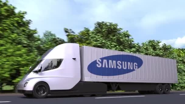 Camión remolque eléctrico con el logotipo de SAMSUNG en el lateral. Animación en 3D loopable editorial — Vídeos de Stock