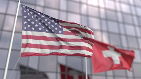 Ondeando banderas de los Estados Unidos y Suiza frente a un rascacielos moderno. Renderizado 3D — Foto de Stock