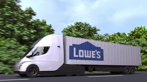 Camion semi-remorque électrique avec logo LOWES sur le côté. Animation 3D en boucle éditoriale — Video