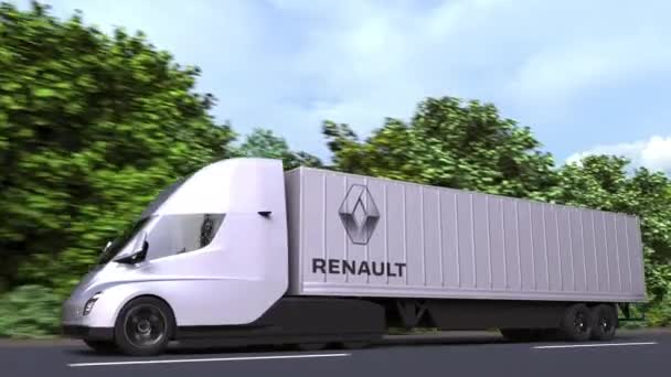 Camión semirremolque eléctrico con logotipo RENAULT en el lateral. Animación en 3D loopable editorial — Vídeo de stock