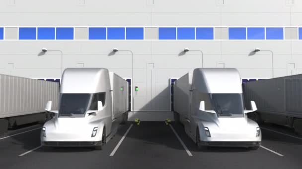 Elektrische oplegger vrachtwagens bij magazijn laadperron met Product Of Switzerland tekst. Zwitserse logistiek gerelateerde 3d animatie — Stockvideo