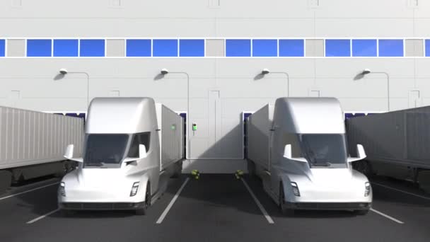 Electric semi-trailer trucks at warehouse loading dock with PRODUCT OF THAILAND text. Thai logistics related 3D animation — Stock Video
