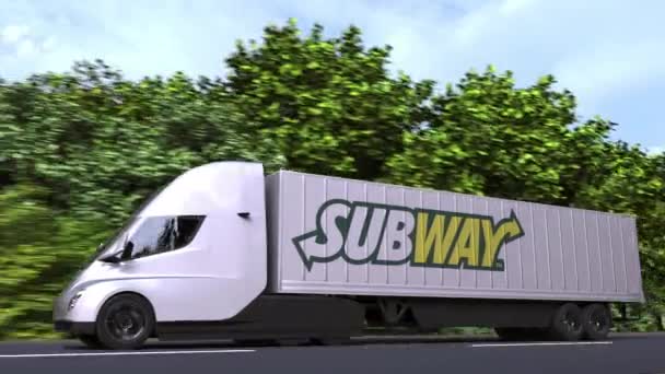 Elektrischer Sattelschlepper mit Subway-Logo an der Seite. Leitartikel loopable 3D-Animation — Stockvideo