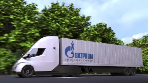 Caminhão semi-reboque elétrico com logotipo da Gazprom na lateral. Editorial loopable animação 3D — Vídeo de Stock