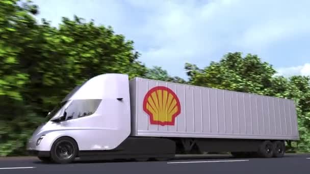 Üzerinde Royal Dutch Shell logosu olan elektrikli bir karavan. Editör döngüsü 3d canlandırması — Stok video