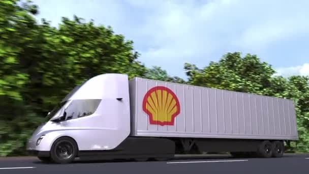 Электроприцеп с логотипом ROYAL DUTCH SHELL сбоку. Передвижная 3D-анимация — стоковое видео