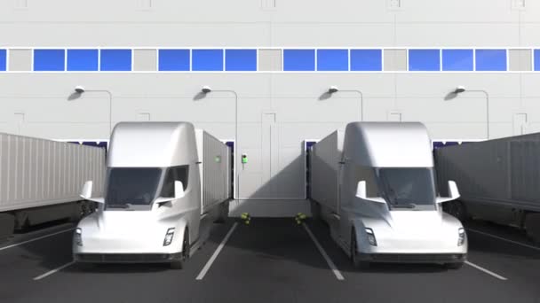 Elektriska påhängsvagnslastbilar vid lastkaj med texten Product Of Uae. Förenade Arabemiratens logistikrelaterade 3D-animation — Stockvideo