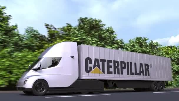 Camión semirremolque eléctrico con logo CATERPILLAR en el lateral. Animación en 3D loopable editorial — Vídeo de stock