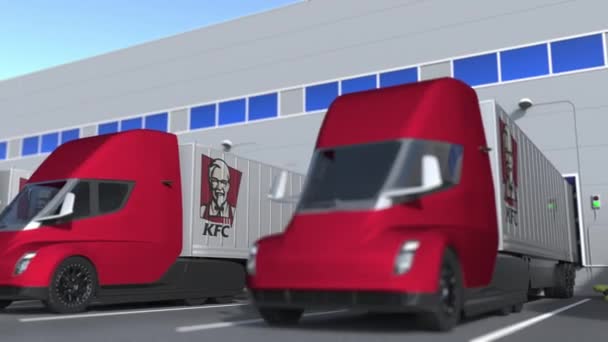 Elektrické přívěsy s logem Kfc se nakládají nebo vykládají ve skladu. Logistika související smyčka 3D animace — Stock video