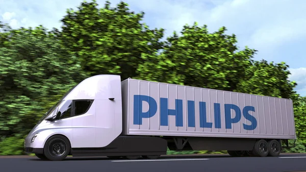 Електрична напівпричепна вантажівка з логотипом Philips збоку. Editorial 3d rendering — стокове фото