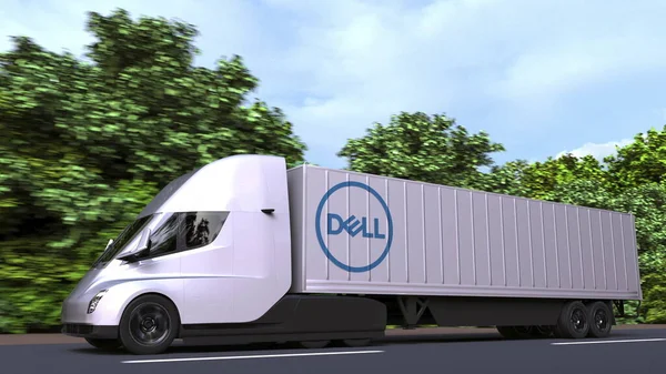 Truk listrik semi-trailer dengan logo DELL di sampingnya. Perenderan 3D Editorial — Stok Foto