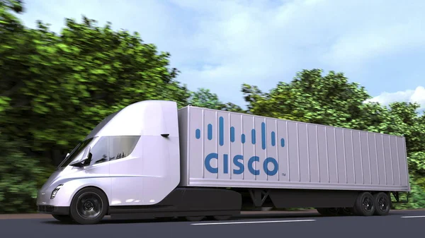 Truk listrik semi-trailer dengan logo CISCO di sampingnya. Perenderan 3D Editorial — Stok Foto