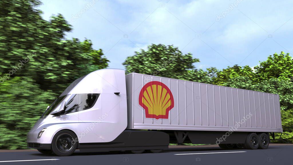 Semi-trailer truck with logo on the side. 3D