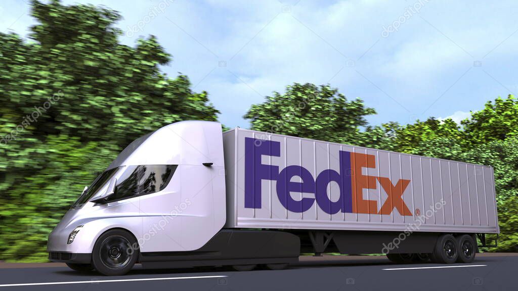 Semi-trailer truck with logo on the side. 3D