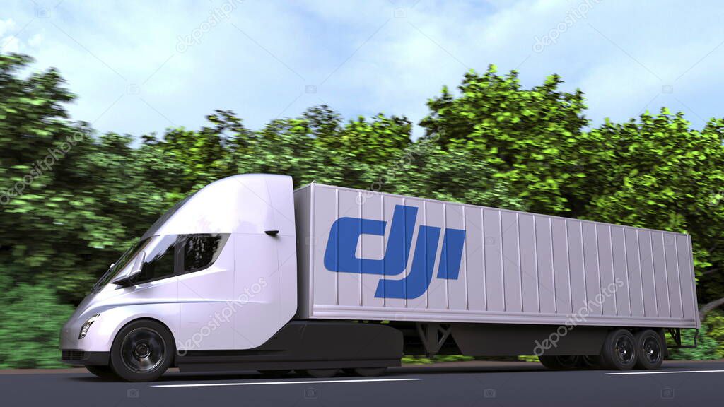 Semi-trailer truck with logo on the side. 3D