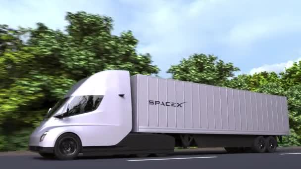 Elektrische trailer truck met Spacex logo aan de zijkant. Redactionele loopable 3d animatie — Stockvideo