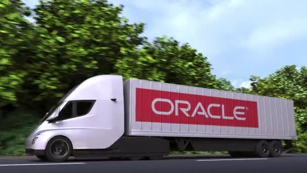 Caminhão de reboque elétrico com logotipo ORACLE na lateral. Editorial loopable animação 3D — Vídeo de Stock