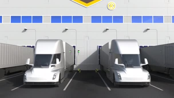 Elektriska påhängsvagnslastbilar i lagerlokalen med Ups-logotyp på väggen. Redaktionell 3D-animation — Stockvideo